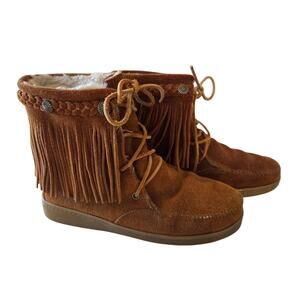 Minnetonka Brown Leather Fringe Faux Fur Lined Moccasin Booties Boho Aztec
